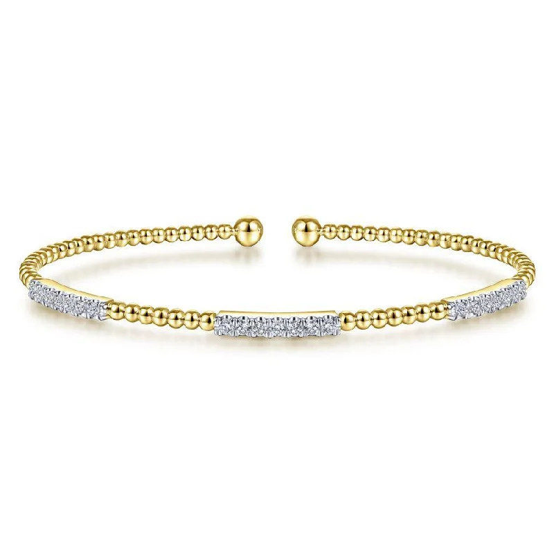 Bracelets For Festive Outfits-Gabriel & Co. - BG4217-62Y45JJ - 14K Yellow Gold Bujukan Bead Cuff Bracelet with Diamond Pavâ€š Stations