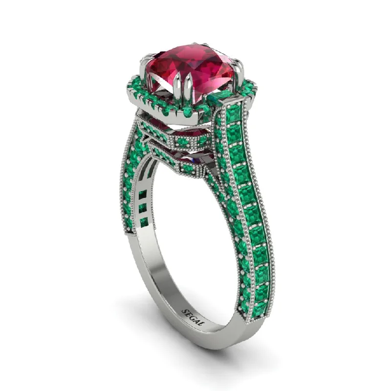 Custom Diamond Rings For Special Occasions-Ruby Three Halo Milgrain Engagement Ring - Mira No. 27