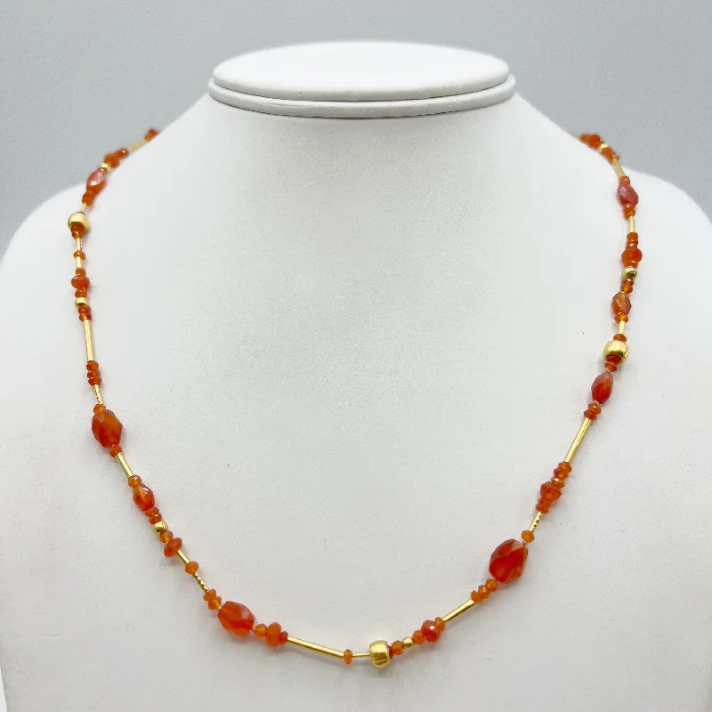 Custom Birthstone Pendant Necklaces For Bridesmaids-Fiery Carnelian and Gold Freeform Shapes Beads Necklace