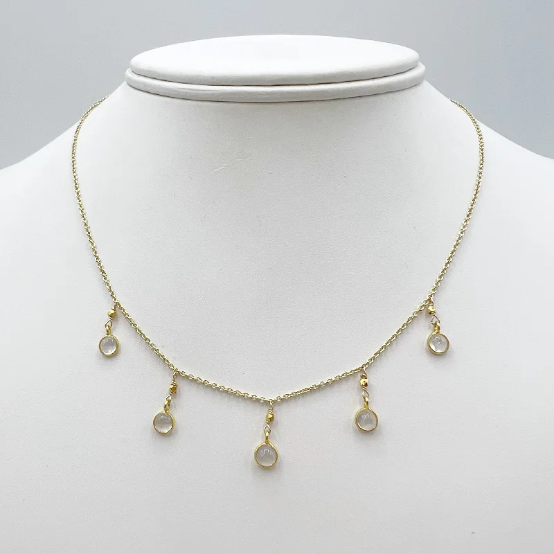 Trendy Crystal Bar Necklaces For Bold Look-Delicate Bezel Set Moonstones on a Golden Chain