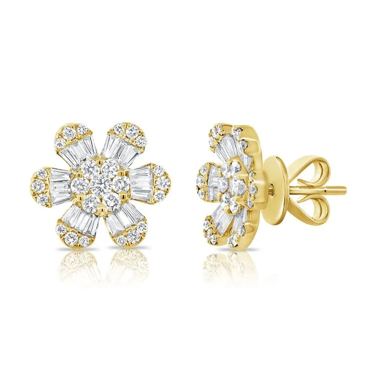 Stunning Gold Earrings For Special Occasions-14K Yellow Gold Diamond + Baguette Flower Earrings