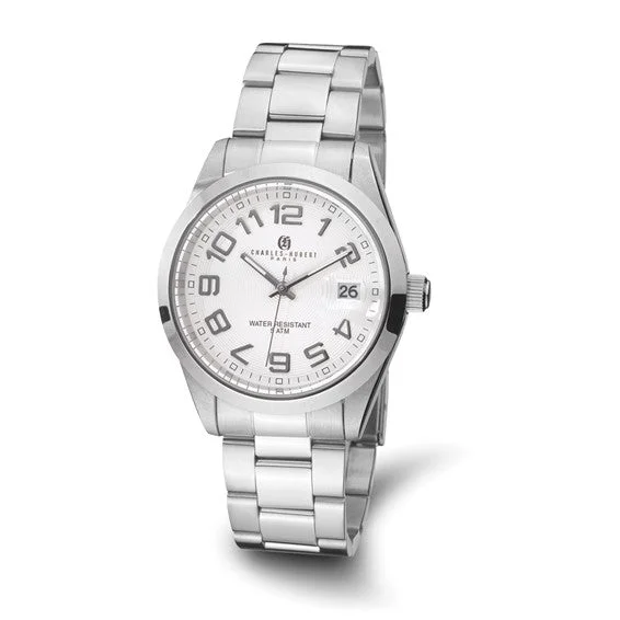 Watches With Floral Patterns-Mens Charles Hubert Stainless Steel White Dial Watch