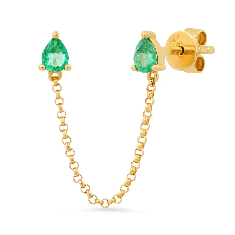 Lightweight Earrings For Comfortable Wear-SINGLE EMERALD PEAR DROP CHAIN STUD, 14kt GOLD