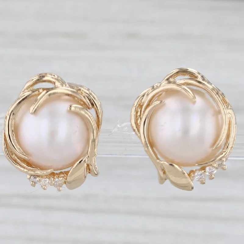 Classic Silver Earrings For Timeless Elegance-Gold Framed Mabe Pearl Diamond Stud Earrings 14k Yellow Gold