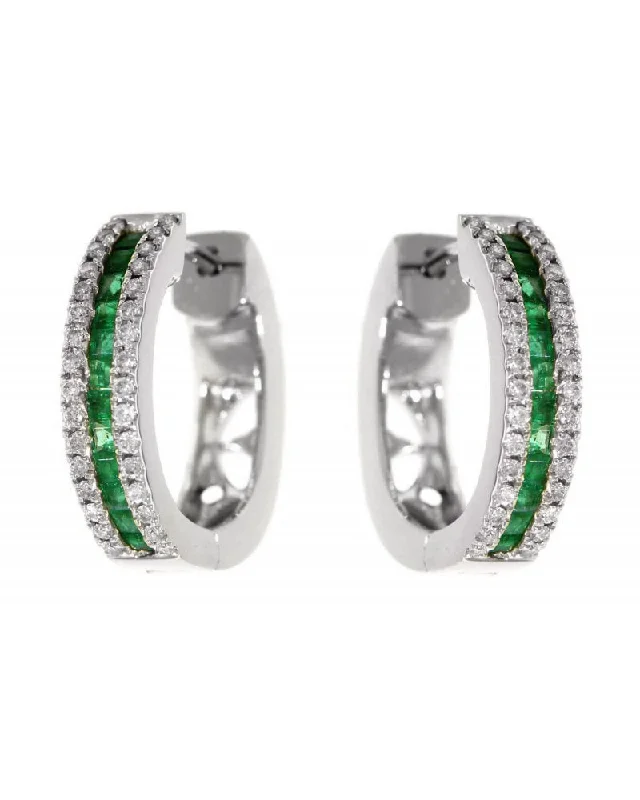 Statement Hoop Earrings For Casual Wear-14kw Gold Emerald & Diamond Hinged Hoops