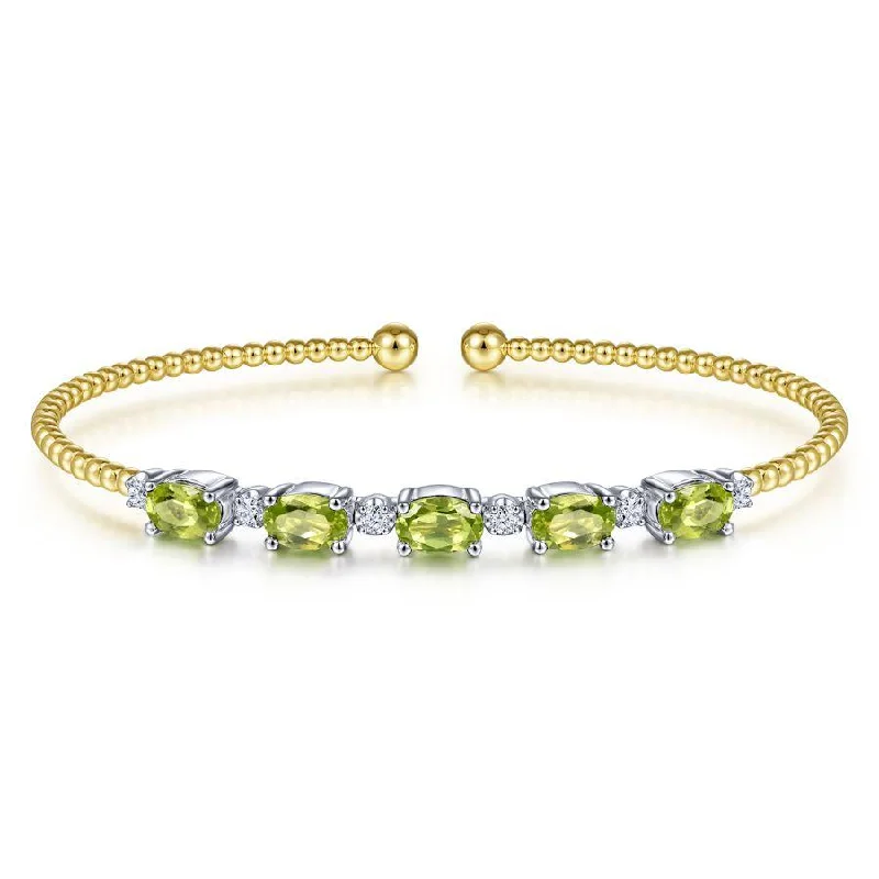 Bracelets With Black Designs-Gabriel & Co. - BG4448-62M45PE - 14K White-Yellow Gold Bujukan Bead Cuff Bracelet with Peridot and Diamond Stations