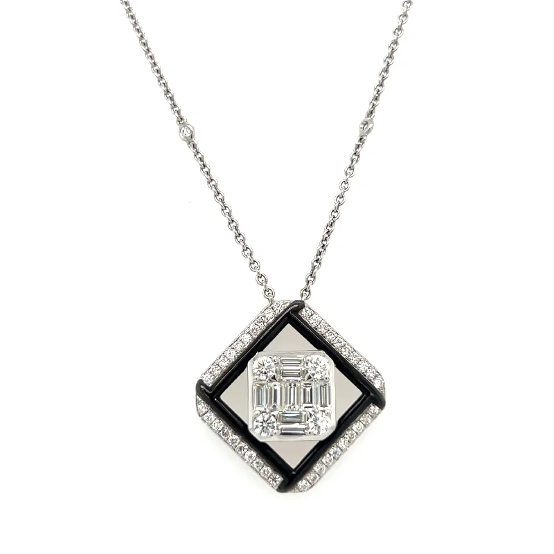 Heart Shaped Necklaces For Girlfriend Gifts-18k White Gold Mosaic Diamond & Black Enamel Fashion Necklace