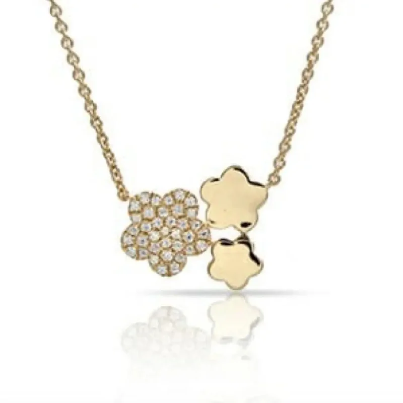 Long Dainty Necklaces For Subtle Elegance-Yellow Gold Diamond Triple Floral Necklace