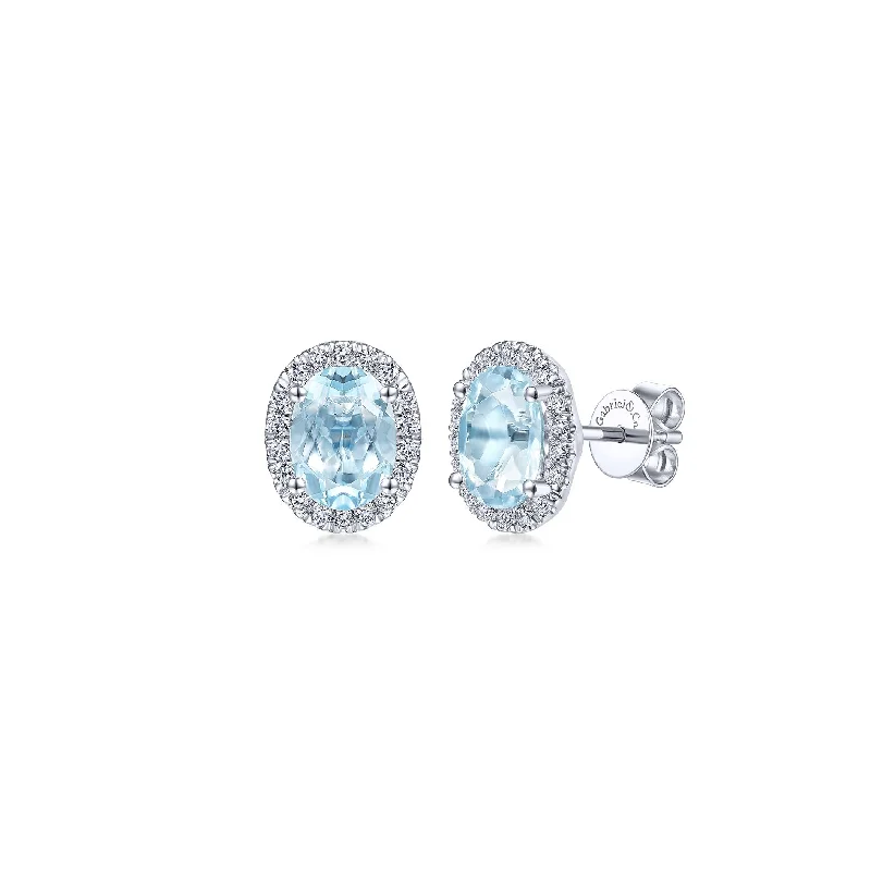 Beautiful Pear Earrings For Weddings-14K White Gold Diamond Halo and Oval Aquamarine Stud Earrings