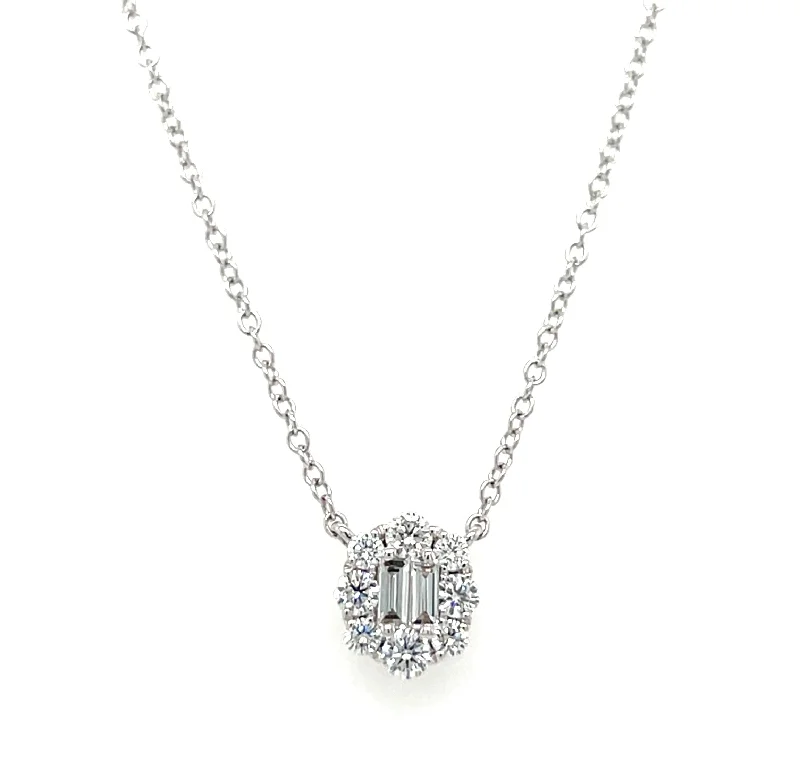 Custom Bar Necklace For Personalized Jewelry-18k White Gold Baguette Diamond & Halo Necklace