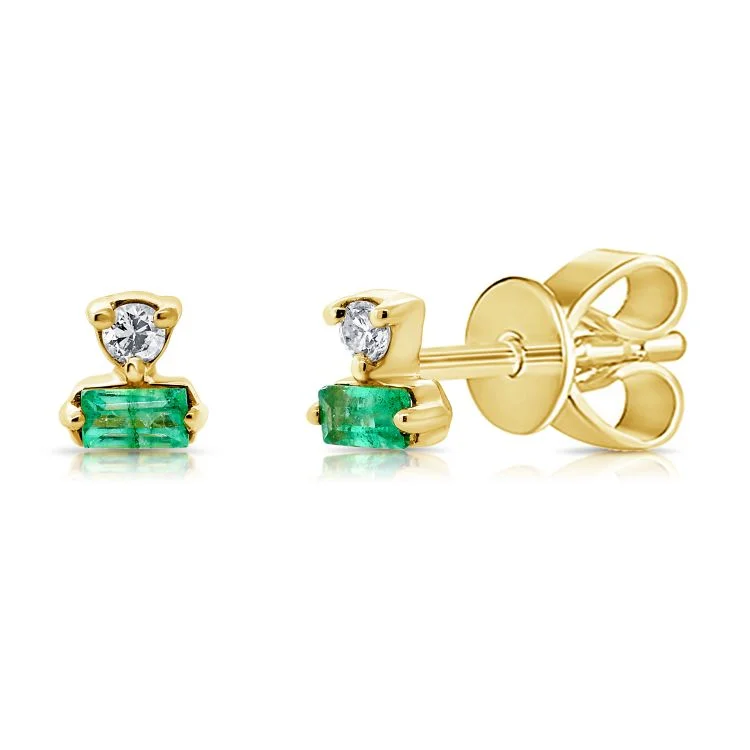 Chic Gold Earrings For Classy Looks-14K Yellow Gold Diamond + Emerald Stud Earrings