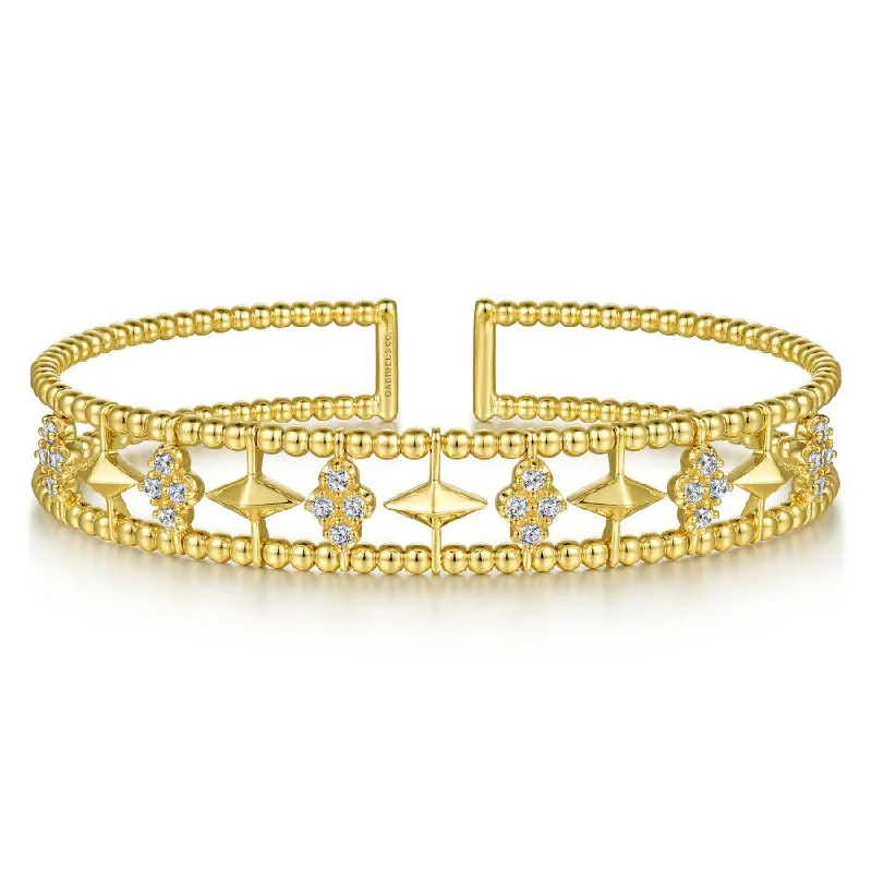 Bracelets With Chunky Details-Gabriel & Co. - BG4615-62Y45JJ - 14K Yellow Gold Bujukan Bead Cuff Bracelet with Inner Diamond Cluster and Gold Pyramid Connectors.