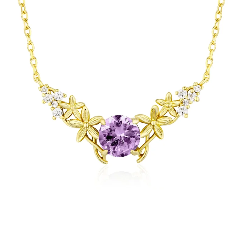 Trendy Bar Necklaces For Bold Fashion Statements-Silver Leaf Amethyst Necklace (Yellow Gold)