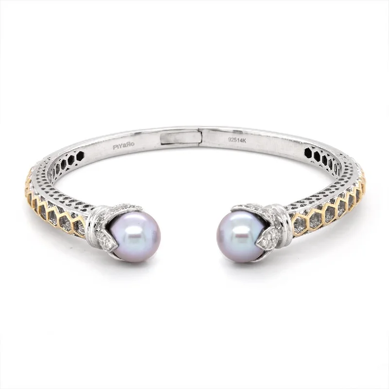 Bangles For Bridesmaids-SILVER AND GOLD HINGED BANGLE BRACELET WITH 2 PEARLS AND DIAMONDS, .26 CT TW