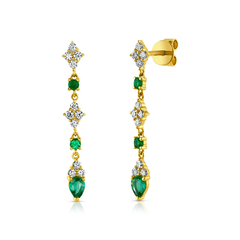 Stylish Crystal Earrings For Bridesmaids-CASCADING EMERALD & DIAMOND EARRINGS, 14kt Gold