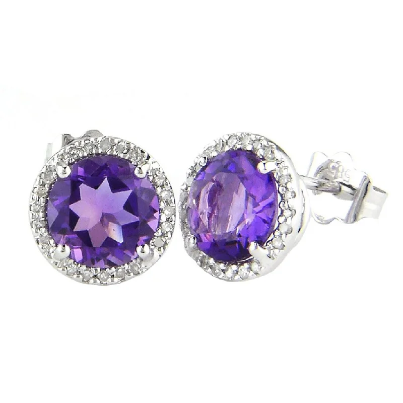 Sterling Silver Stud Earrings For Gifts-14k White Diamond & Amethyst Earrings