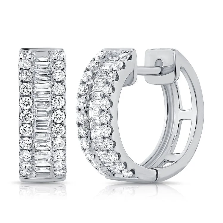 Unique Stone Earrings For Bold Looks-14K White Gold Baguette Diamond Huggie Earrings