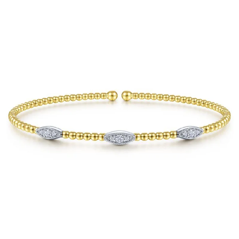 Bracelets With Metallic Finishes-Gabriel & Co. - BG4437-62M45JJ - 14K White-Yellow Gold Bujukan Bead Cuff Bracelet with Diamond Filled Marquise Stations