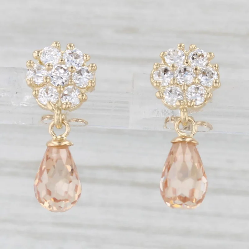 Stylish Resin Earrings For Trendy Looks-Peach Briolette & White Cubic Zirconia Flower Drop Earrings 14k Yellow Gold