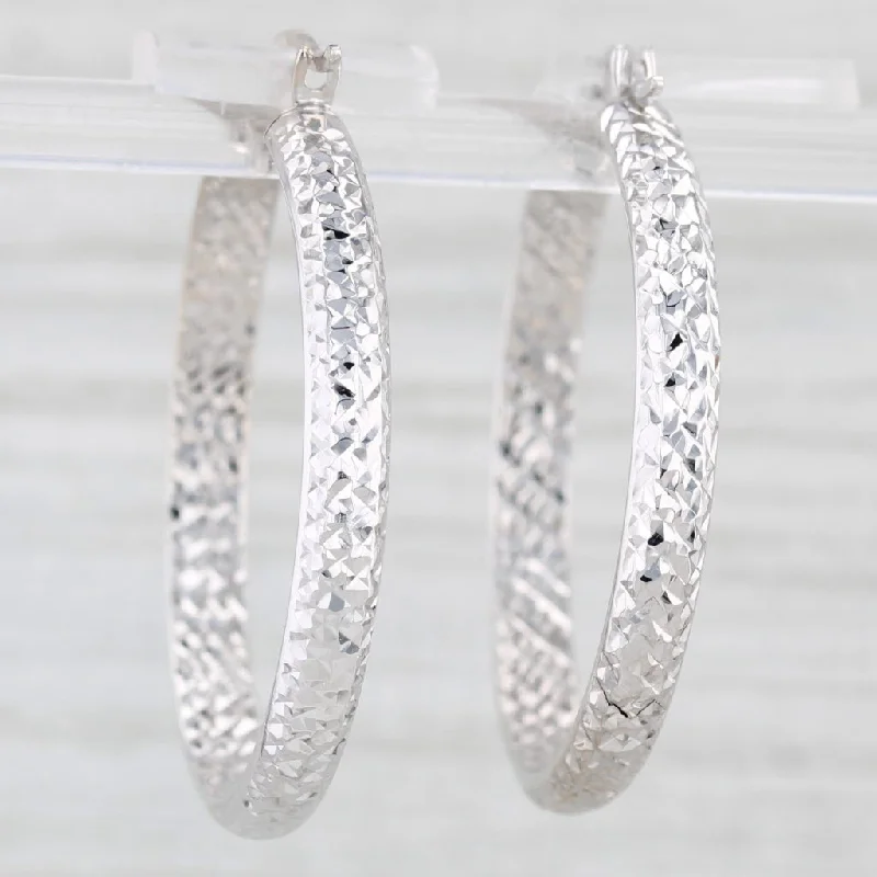 Minimalist Stud Earrings For Work-Etched Pattern Hoop Earrings 14k White Gold Round Hoops Snap Top