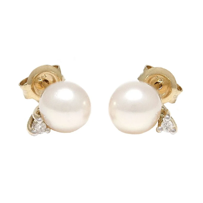 Unique Earrings For Bridal Jewelry-14k Yellow 0.03ct Diamond & Pearl 6mm Earrings