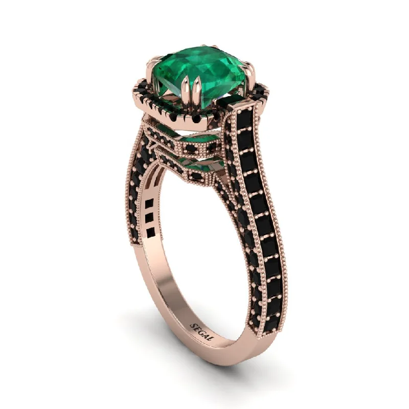 Chunky Silver Rings For Bold Fashion-Emerald Three Halo Milgrain Engagement Ring - Mira No. 35