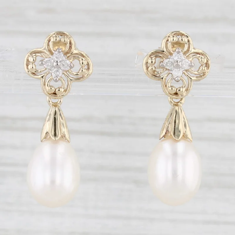 Classic Stud Earrings For Timeless Style-Cultured Pearl Diamond Flower Dangle Earrings 10k Yellow Gold Drops