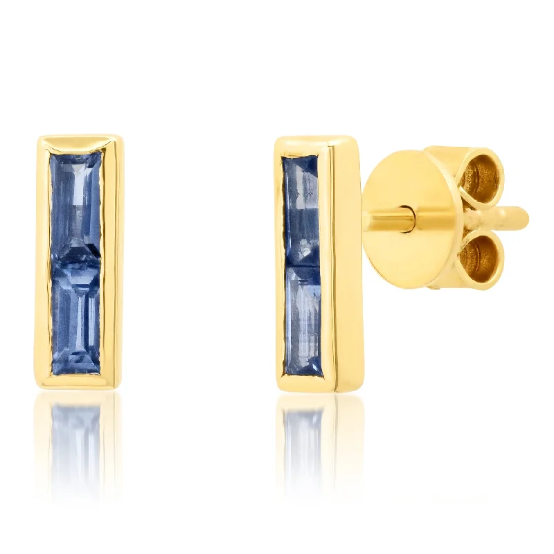 Rainbow Gemstone Earrings For Color Lovers-BAGUETTE BLUE SAPPHIRE STUDS, 14KT GOLD