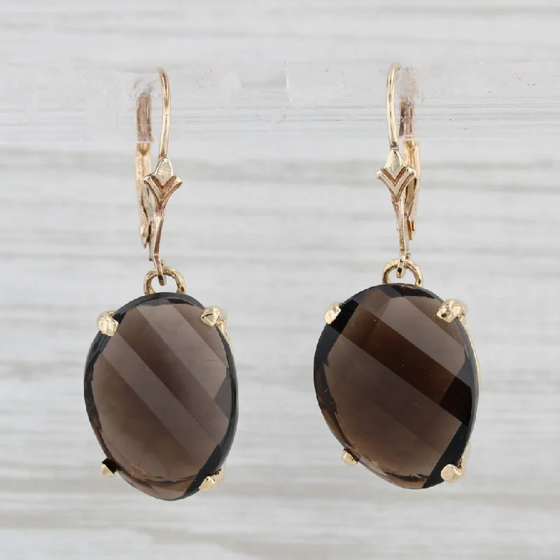 Stunning Crystal Drop Earrings For Weddings-Brown Smoky Quartz Dangle Earrings 10k Yellow Gold Pierced Lever Backs