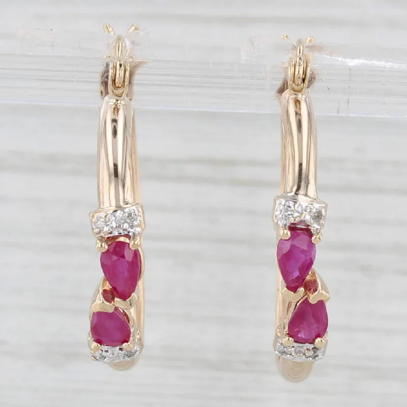 Butterfly Shaped Earrings For Cute Vibes-0.84ctw Ruby Diamond Hoop Earrings 10k Yellow Gold Snap Top Round Hoops