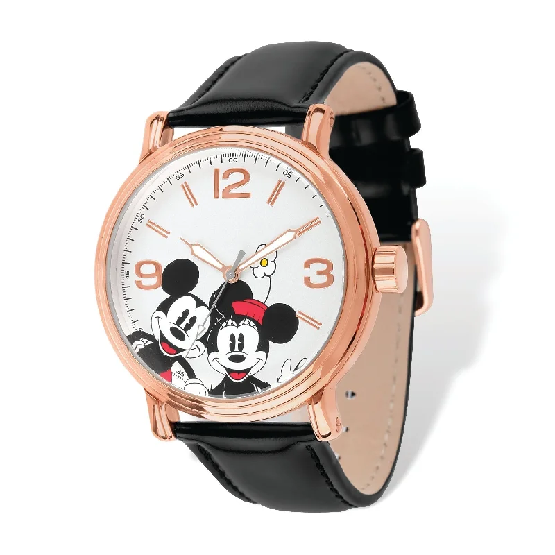 Watches For Evening Parties-Disney Adult Size Rose-Tone Black Leather Mickey Mouse Watch