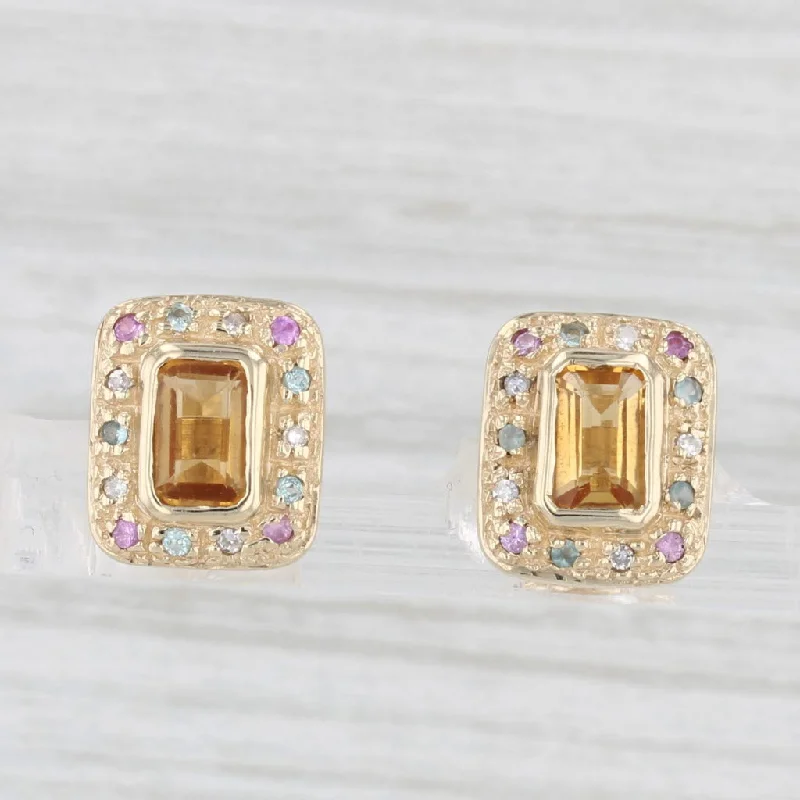 Crystal Stud Earrings For Timeless Style-1.10ctw Orange Citrine Pink Sapphire Diamond Stud Earrings 10k Yellow Gold