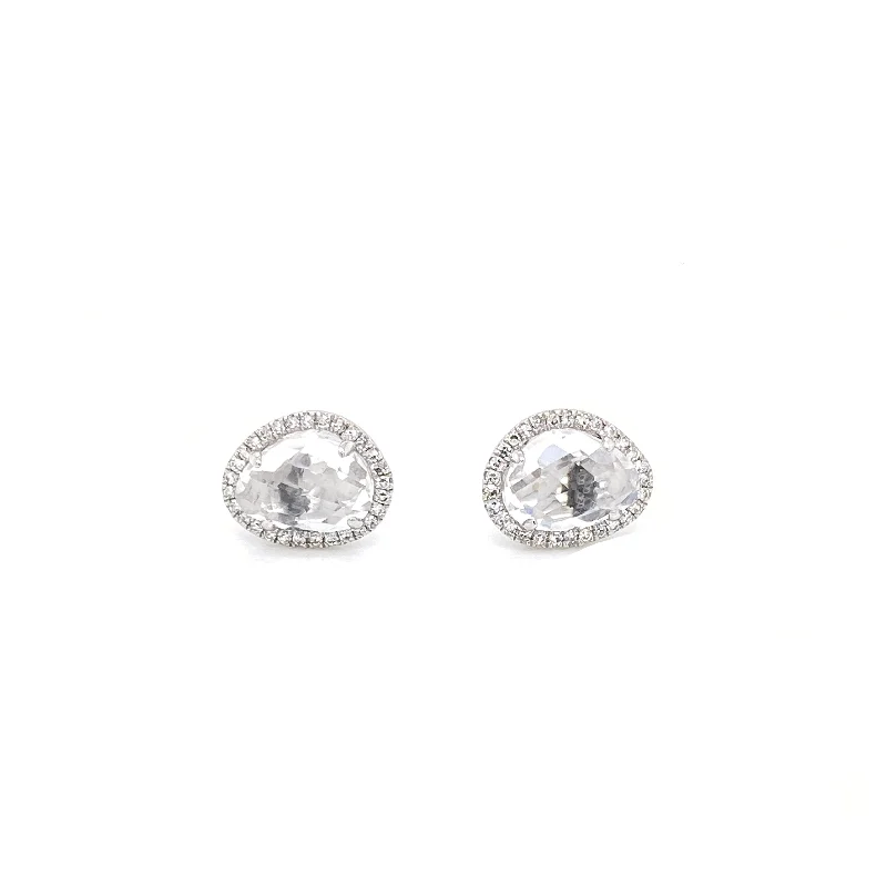 Simple Everyday Earrings For Casual Looks-14K White Gold Round Diamond + White Topaz Stud Earrings