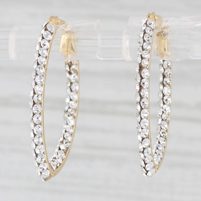 Pearl Drop Earrings For Weddings-Rhinestone Inside Out Hoop Earrings 14k Yellow Gold Snap Top Oval Hoops