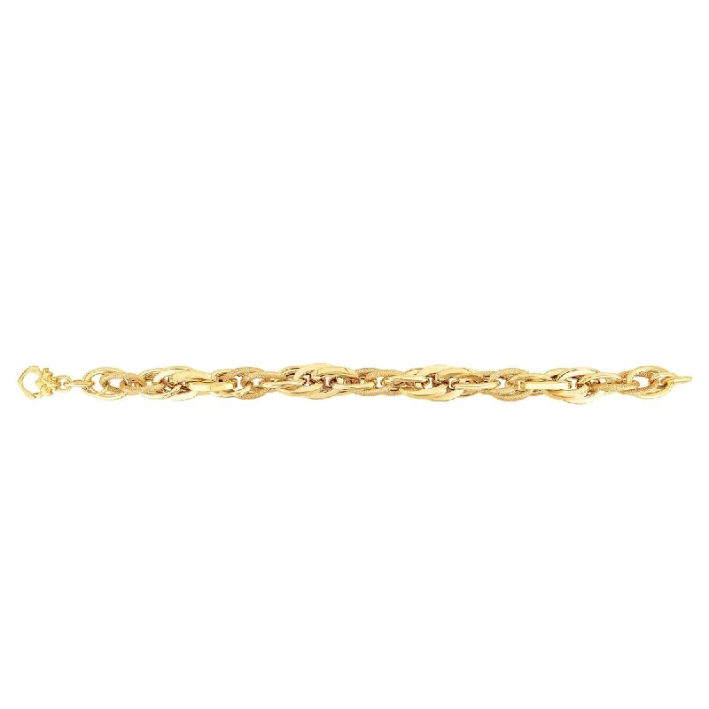 Bracelets With Feather Details-14kt 8" Yellow Gold Shiny Square Tube Multi Oval Link+Textured Oval Link Bracelet with Lobster Clasp AUF1014-08