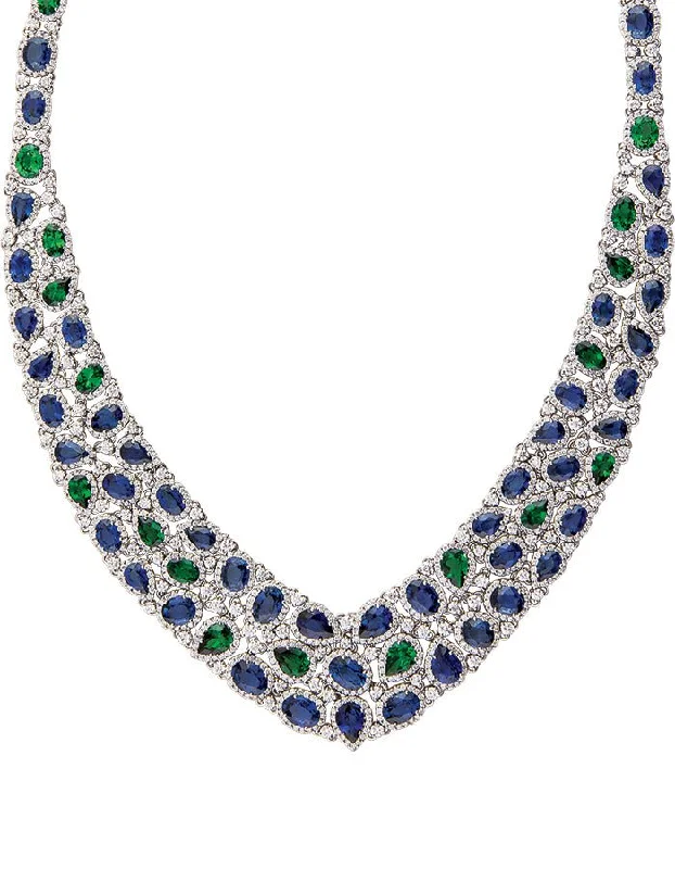 Stylish Bar Necklace For Fashion Forward-18k White Gold, Tsavorite, Spinel and Diamond Necklace