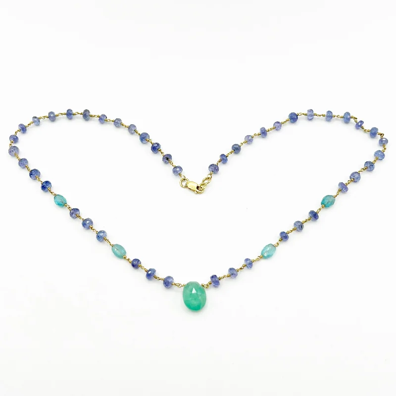 Elegant Crystal Necklaces For Weddings-Jellybean Tanzanite and Emeralds Floating on Golden Wire