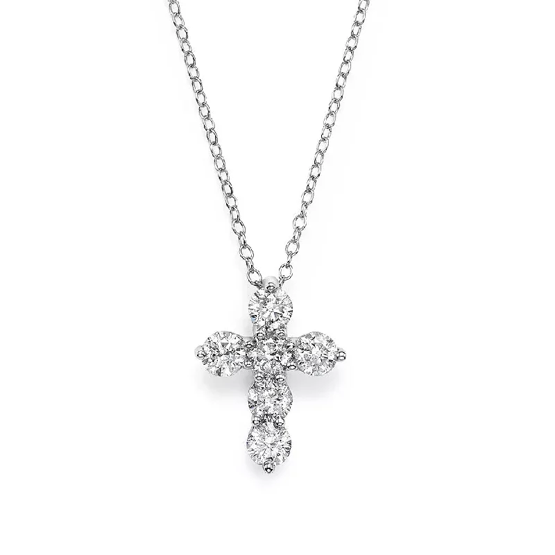 Custom Silver Necklaces For Thoughtful Gifts-14k White Gold Shared Pong 6-Stone Diamond Cross Necklace