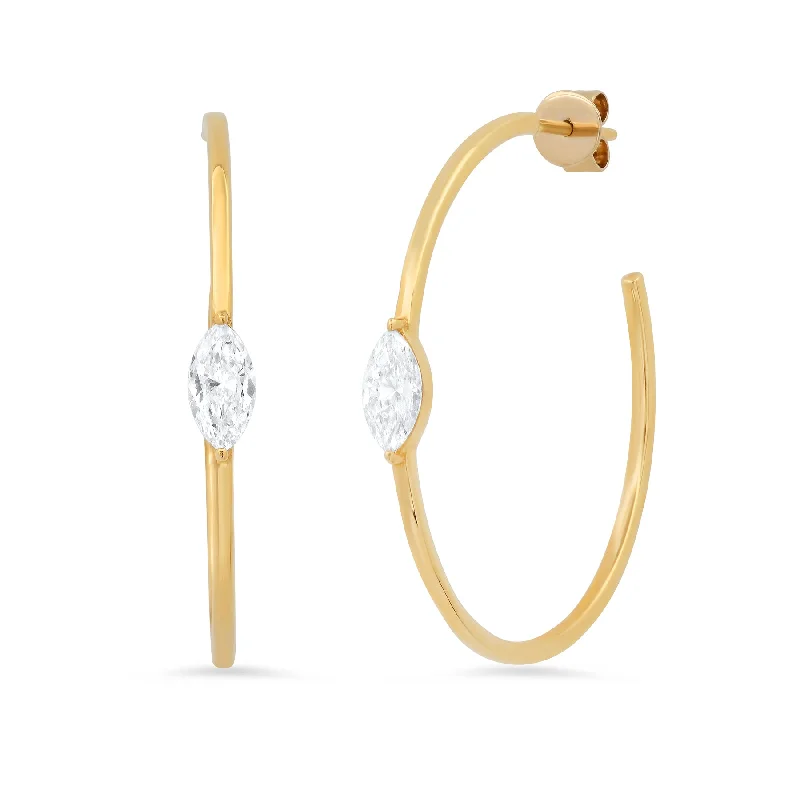 Classic Pearl Earrings For Vintage Style-MARQUISE SOLITAIRE DIAMOND HOOPS, 14kt GOLD