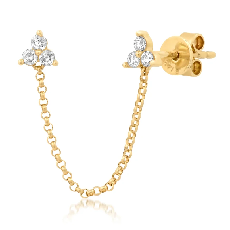 Luxury Gold Earrings For Special Occasions-SINGLE EAR DOUBLE TRIO DIAMOND DROP CHAIN STUDS, 14kt GOLD