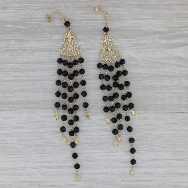 Fashionable Dangle Earrings For Teens-Onyx Bead Dangle Earrings 14k Yellow Gold Chandelier Statement