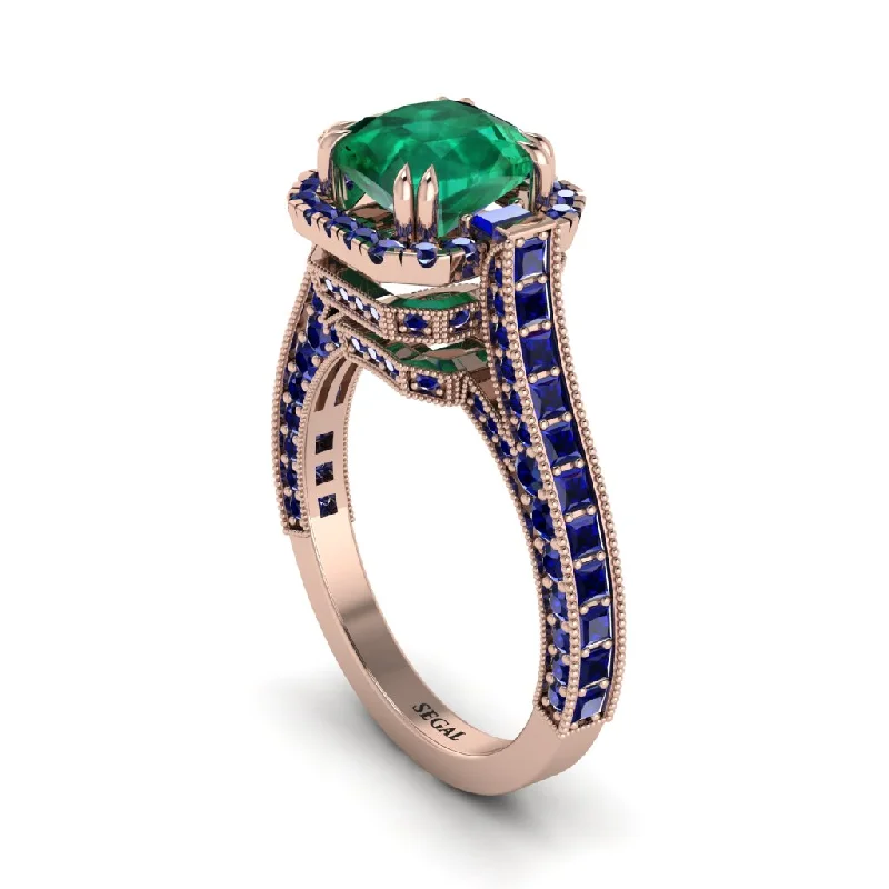 Unique Engagement Rings For Non-Traditional Brides-Emerald Three Halo Milgrain Engagement Ring - Mira No. 65