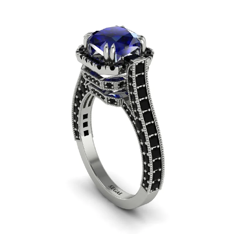 Classic Gold Band Rings For Weddings-Sapphire Three Halo Milgrain Engagement Ring - Mira No. 45