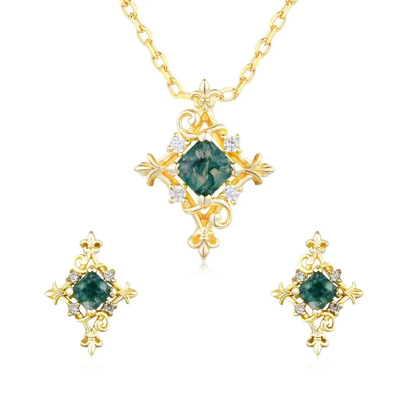 Gorgeous Crystal Chain Necklaces For Elegant Looks-Vine Diamond Moss Agate Necklace and Earrings Set (Yellow Gold)