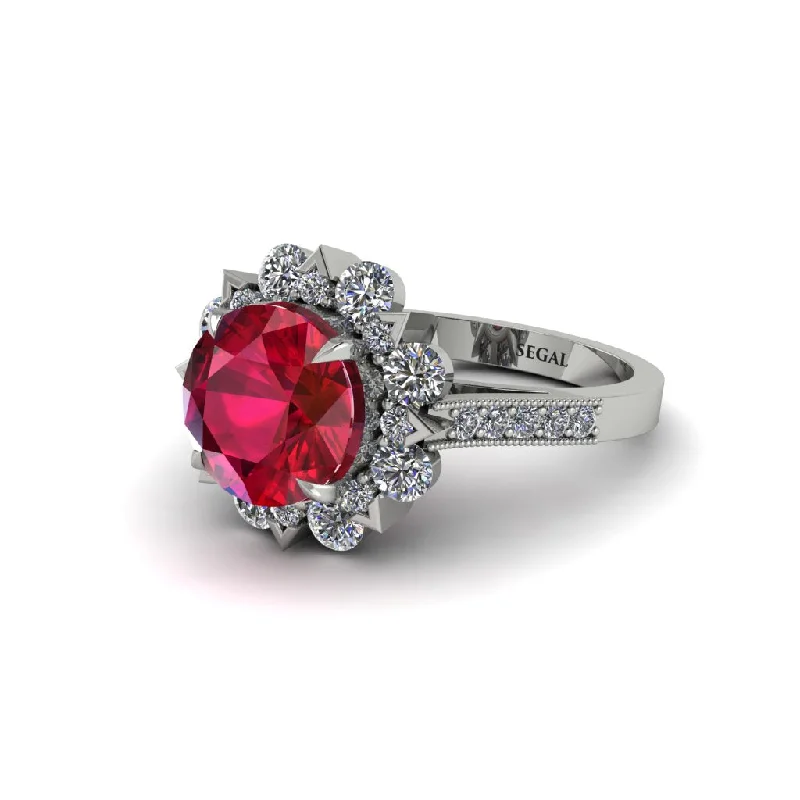 Silver Engagement Rings For Classic Brides-Ruby Halo Sunburst Engagement Ring - Winter No. 12