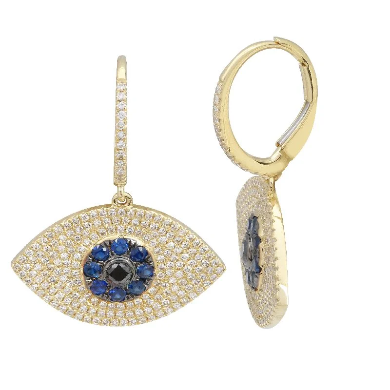 Handcrafted Earrings For One-Of-A-Kind Style-14k Yellow Gold Diamond and Sapphire Evil Eye Drop Earrings