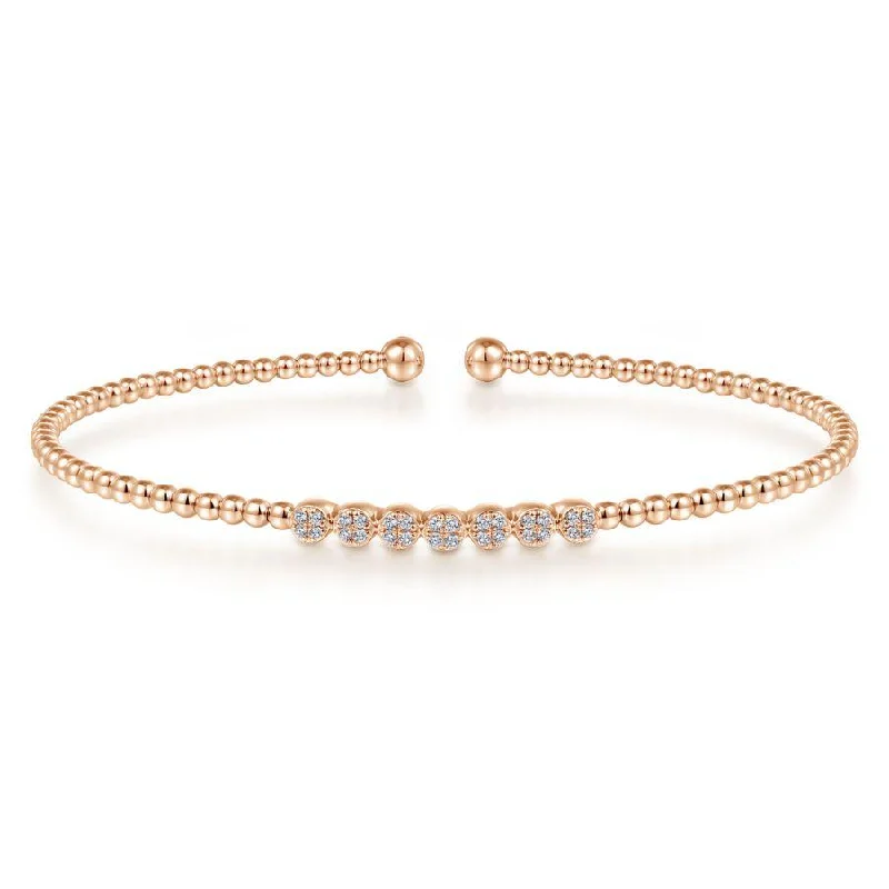 Bracelets For Baby Showers-Gabriel & Co. - BG4247-62Y45PL - 14K Yellow Gold Bujukan Bead Split Bracelet with Pearl and Diamond Caps