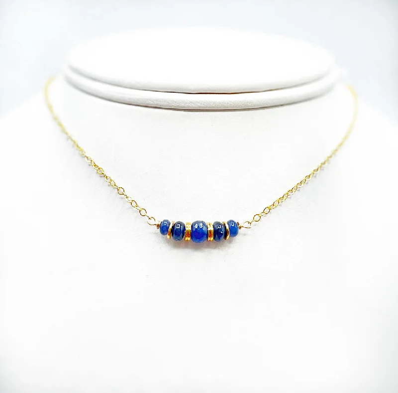 Elegant Crystal Pendant Necklaces For Brides-Blue Sapphire Beads on a Golden Chain