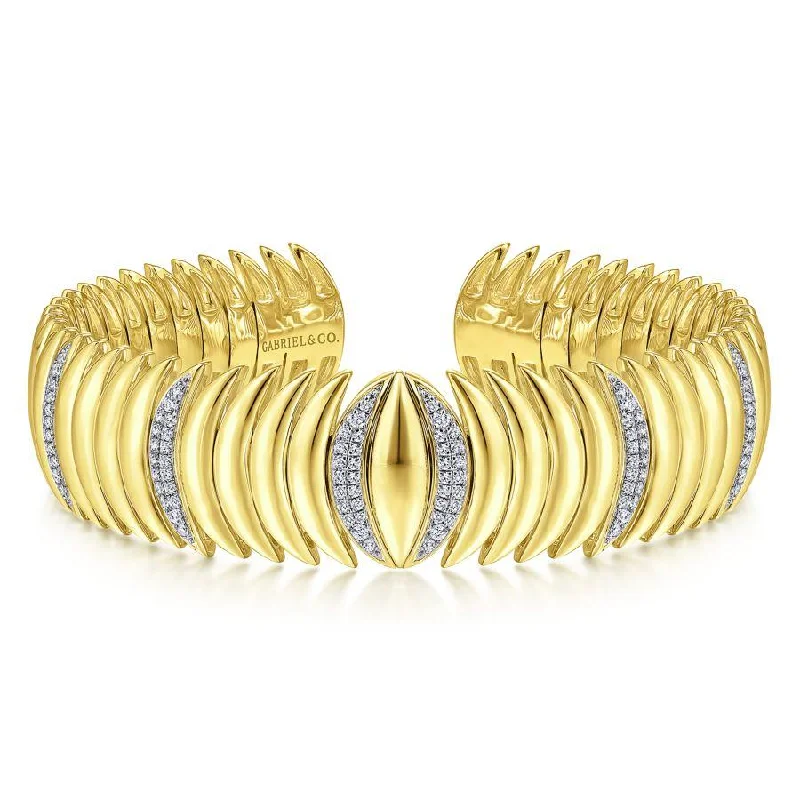 Bracelets With Platinum Coating-Gabriel & Co. - BG4189-65Y45JJ - 14K Yellow Gold Stacked Crescent Cuff Bracelet with Pavâ€š Diamond Stations